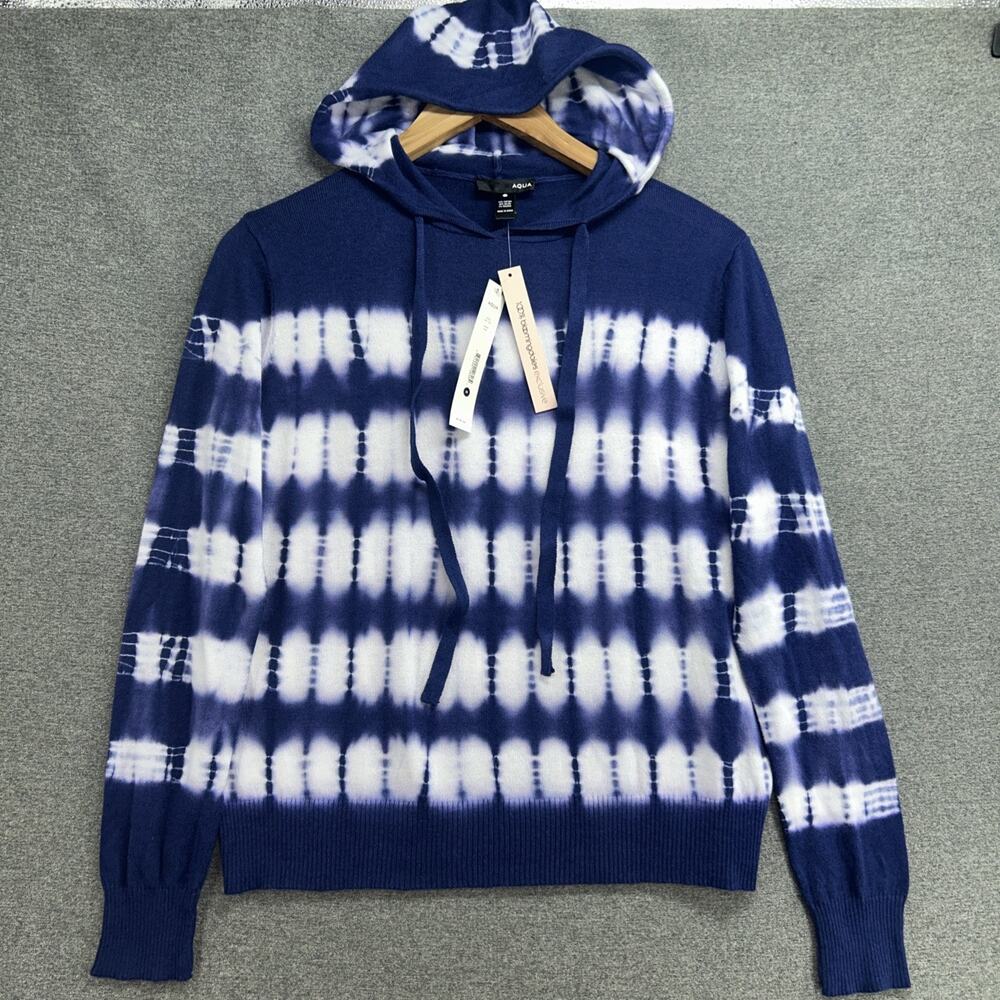 NWT AQUA Hoodie Womens Medium Blue Tie Dye Pullover Bloomingdales Knit Sweater